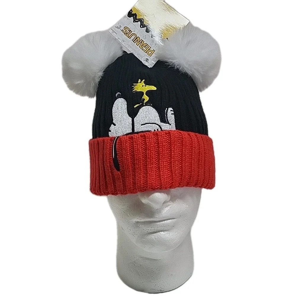 New Peanuts Snoopy Woodstock‎ Beanie Pom Pom Red Cuff Black Knit Winter Hat Kid